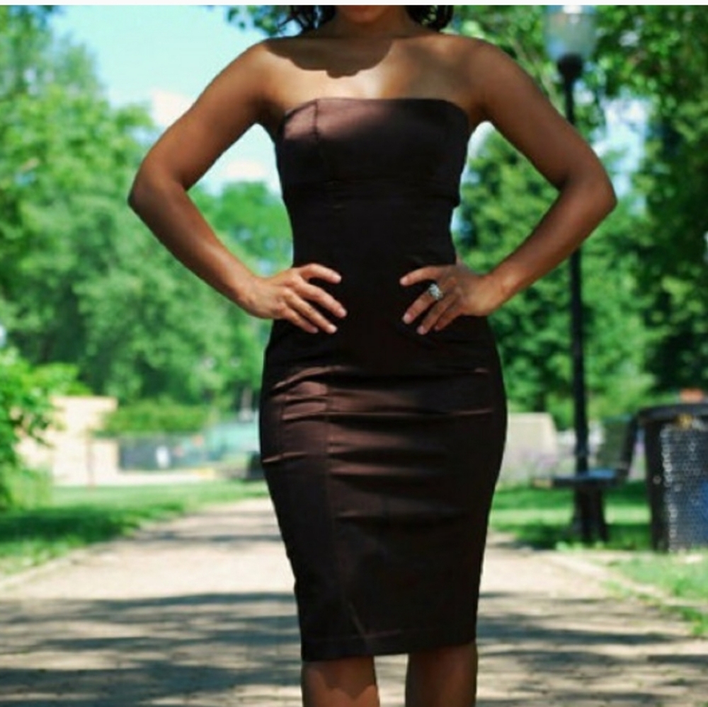 Super Sexy Bebe Brown Stretch Satin Bodycon Dress